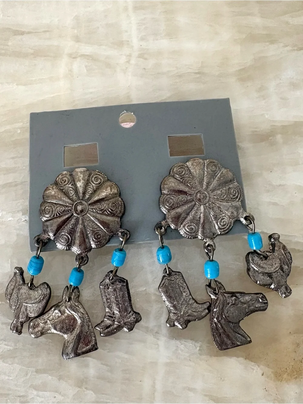Silver Western Charm Dangle Earrings with Turquoise Beads